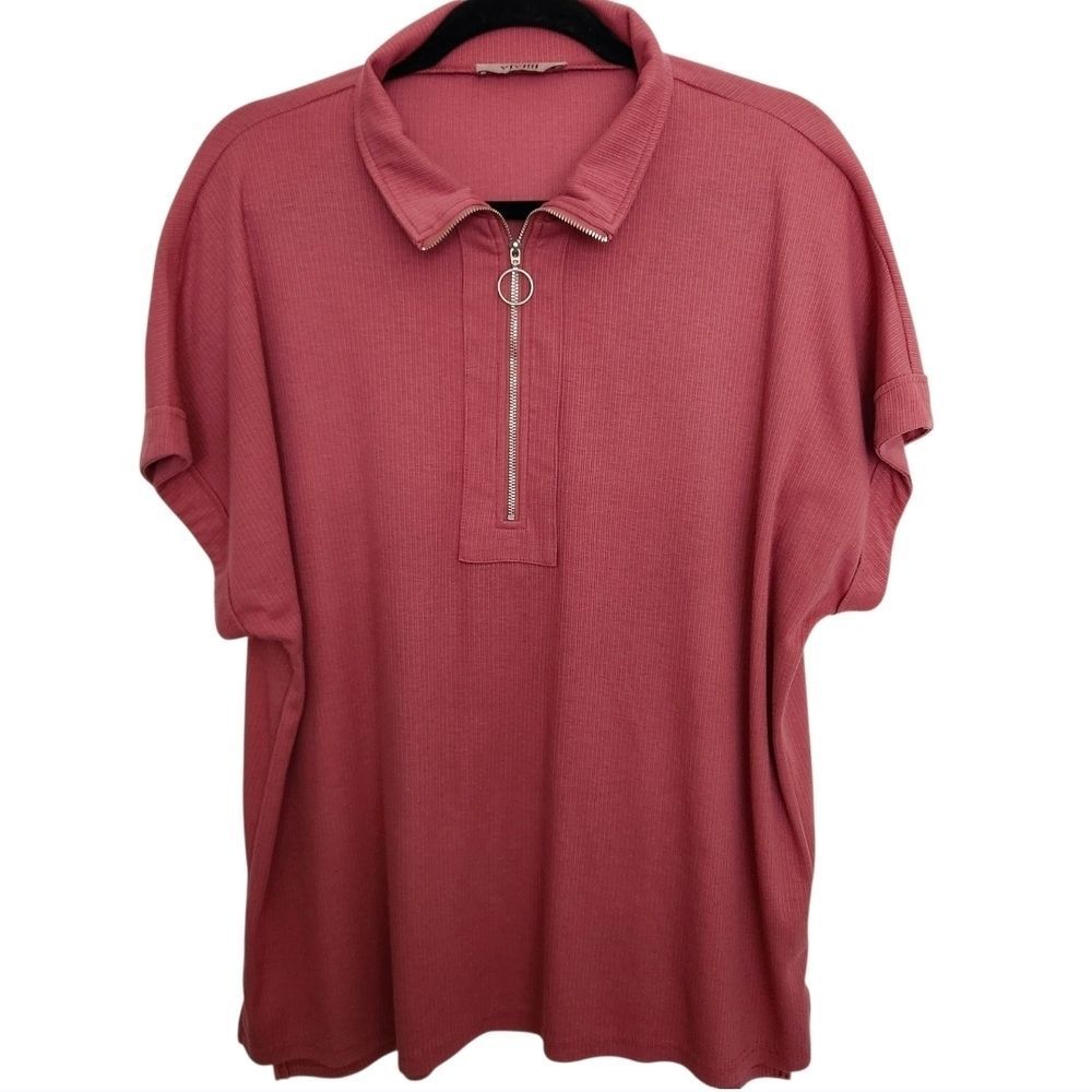 Vivilli Womens Rib Knit Quarter-Zip Polo Top in Dusty Rose Size XXL